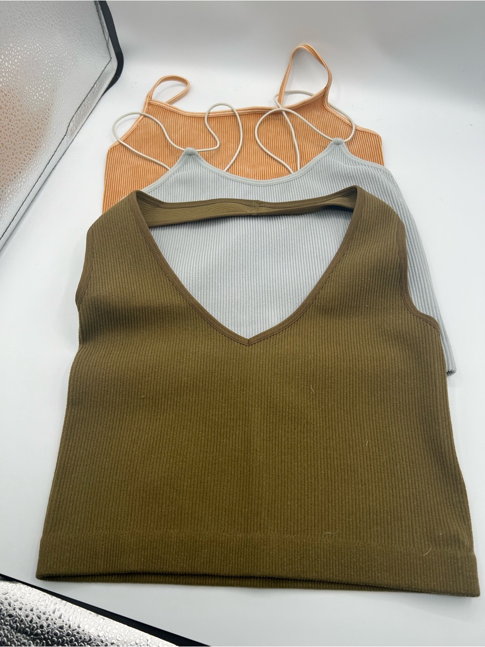 Zenana Outfitters Ribbed V-Neck Tank/Bra’s Trio - Olive, Light Gray, Peach
